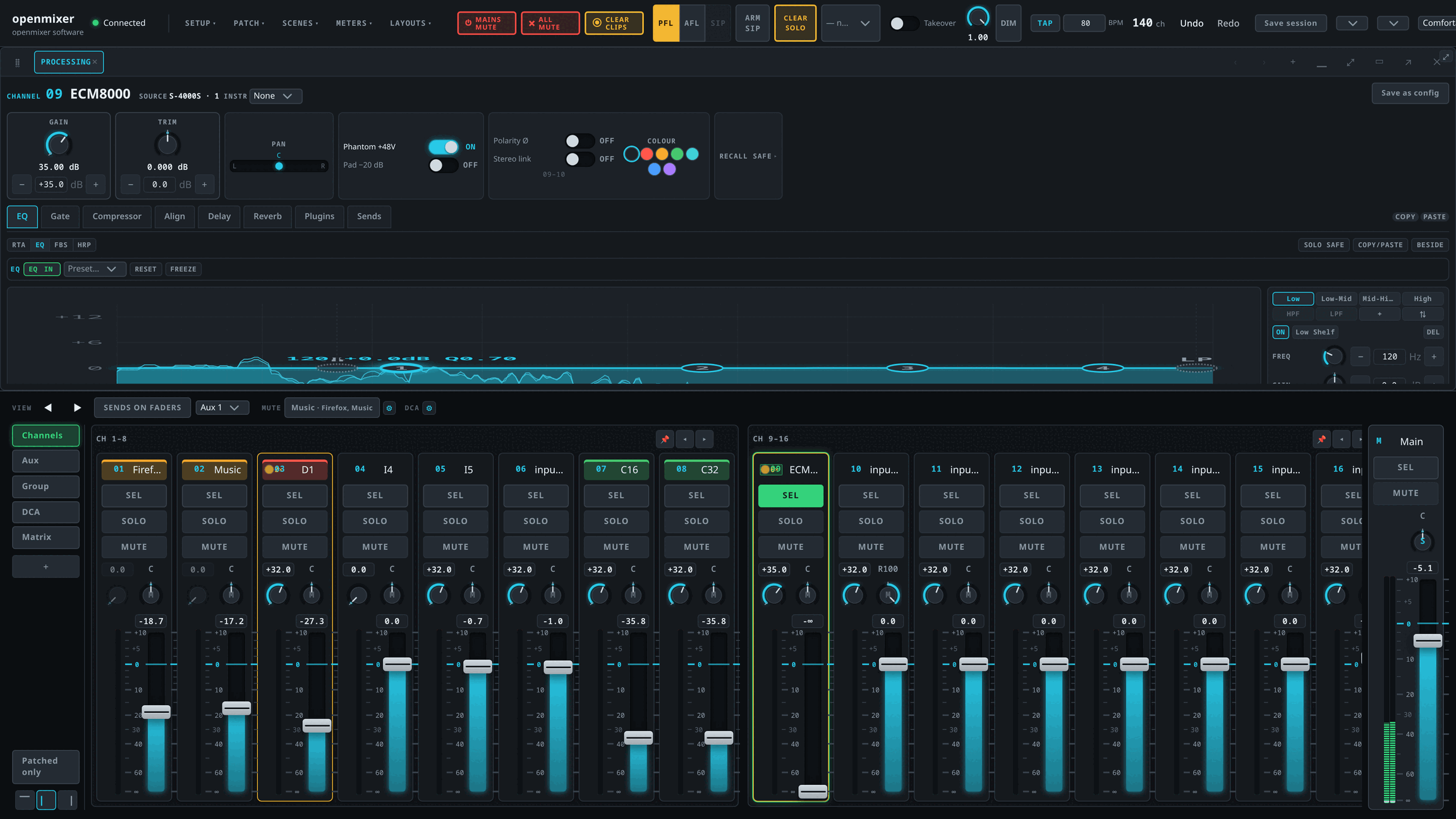 The OpenMixer surface: a channel strip with gain, trim, pan, phantom and the EQ curve above a wall of sixteen faders and the main strip.