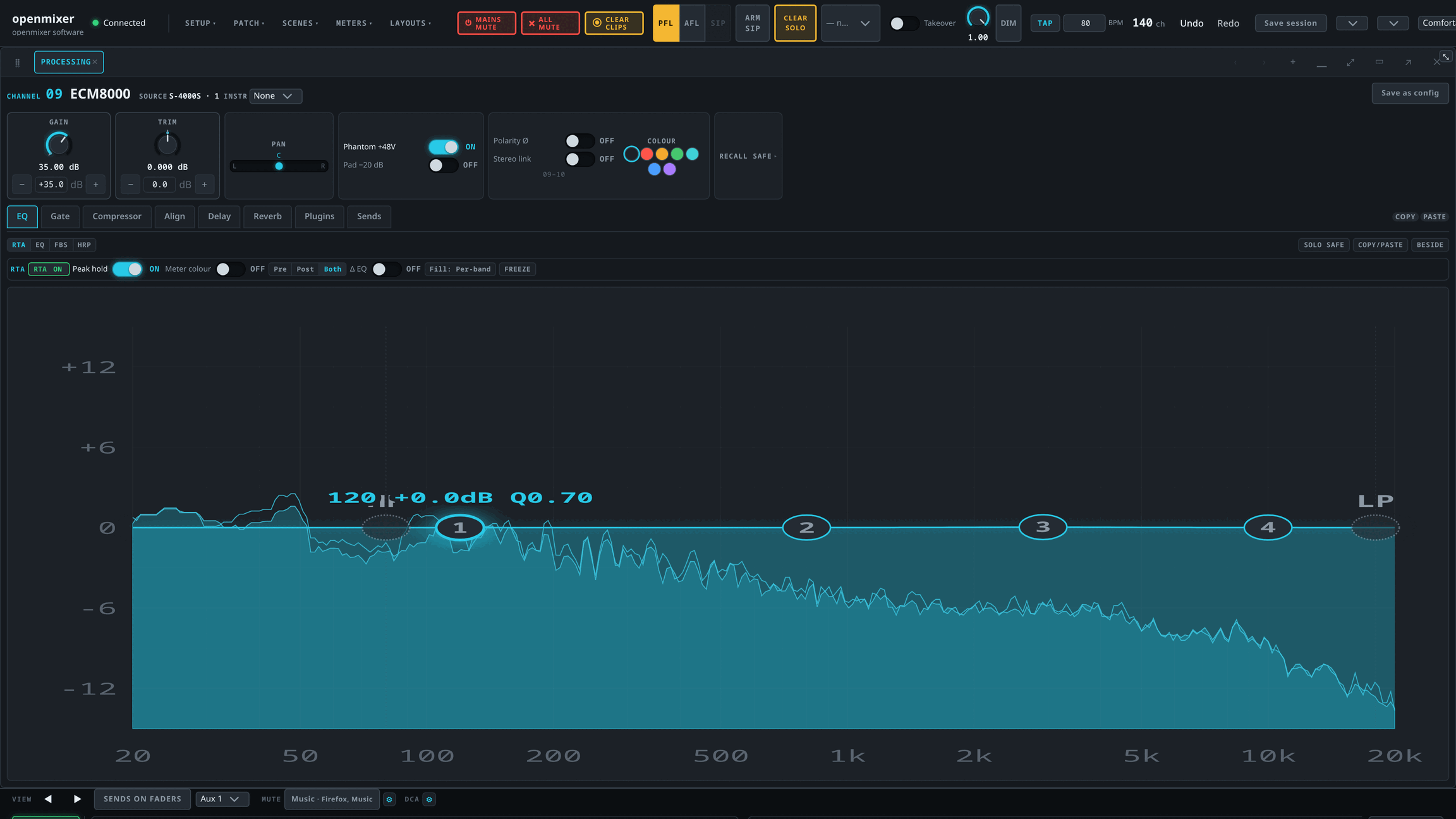 L'analitzador a tota alçada: un espectre en directe de 20 Hz a 20 kHz amb retenció de pics i quatre controls de banda d'EQ sobre la corba.